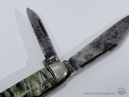 Vintage USA Folding Pocket Knife Green Swirl Handle 2 Blade