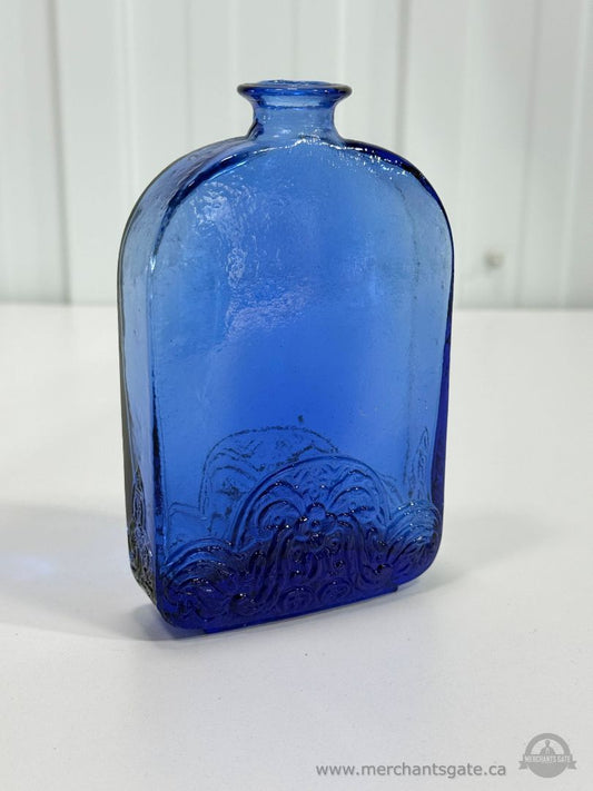 Vintage Cobalt Blue Embossed Glass Bottle Vase Decorative Art Glass