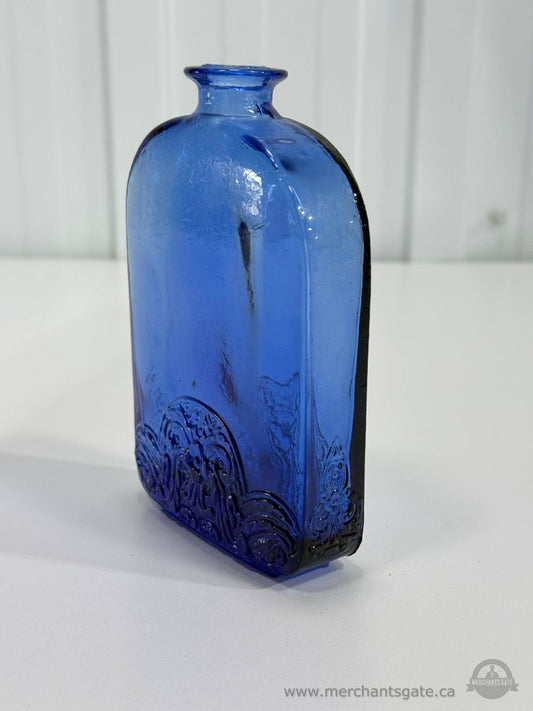 Vintage Cobalt Blue Embossed Glass Bottle Vase Decorative Art Glass