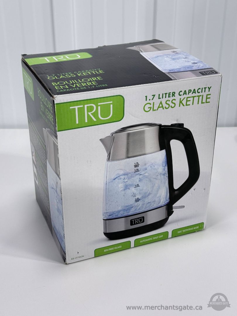New TRU 1.7L Glass Electric Kettle BPA Free Cordless Water Boiler Open Box