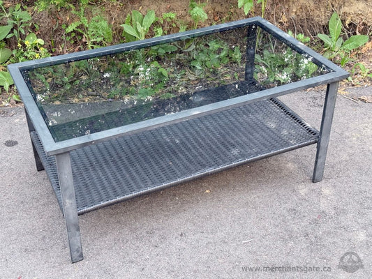 Glass Top Patio Coffee Table Wicker Shelf Outdoor Deck Table