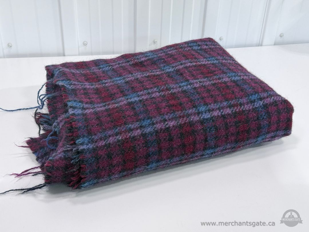 Vintage Wool Plaid Blanket Throw Purple Blue Check Pattern 68 x 56