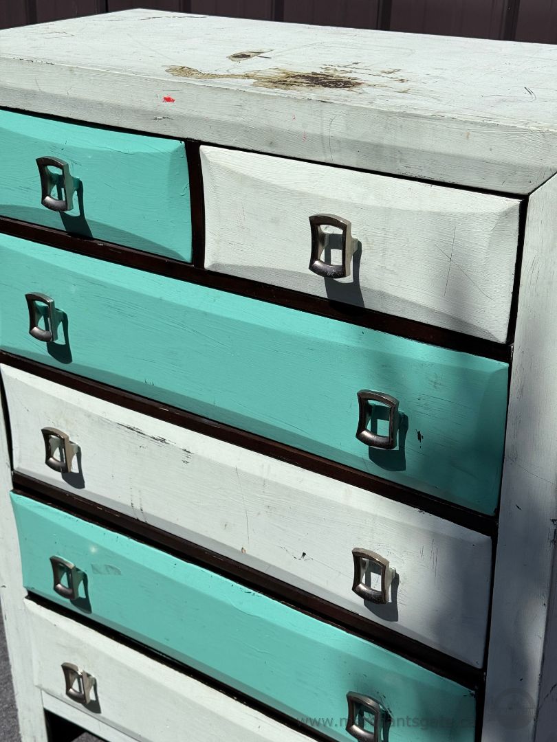 Solid Wood Tall Dresser Chest of Drawers Turquoise White Distressed Finish