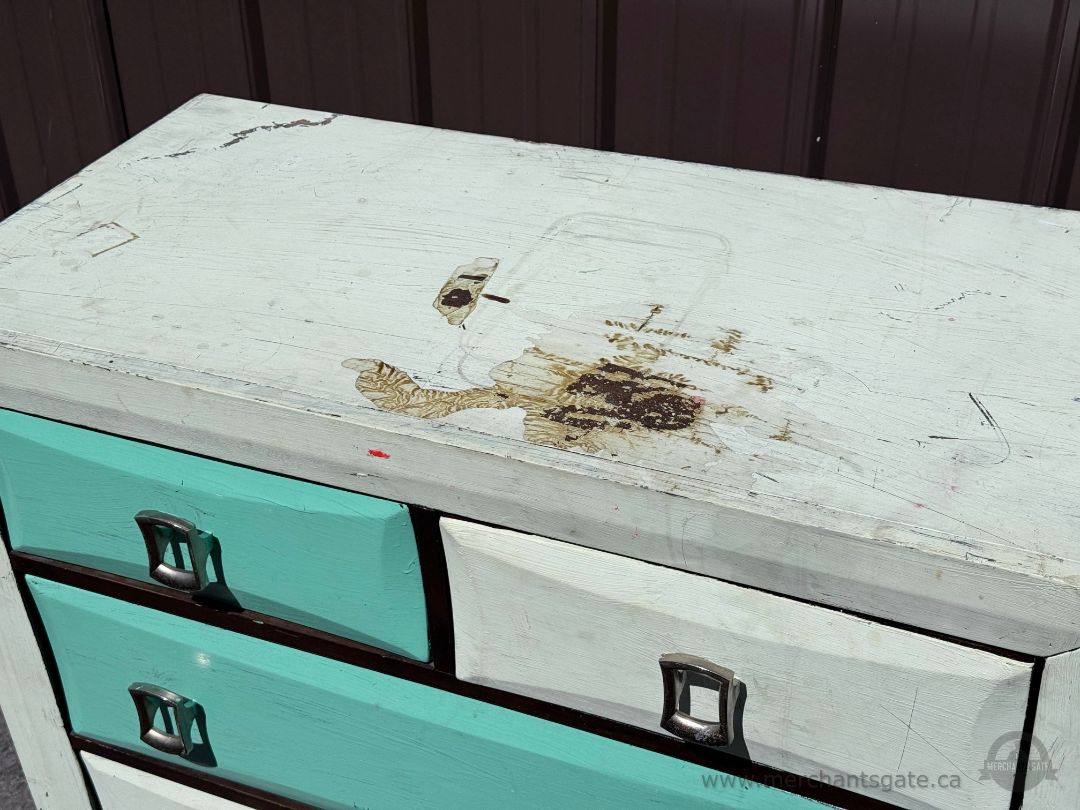 Solid Wood Tall Dresser Chest of Drawers Turquoise White Distressed Finish
