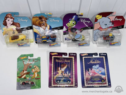 Hot Wheels Disney Character Cars Collection Lot Belle Beast Dumbo Aladdin Chip Dale