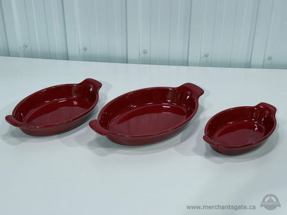 Set of 3 Red Costco Stoneware Oval Baking Dishes Casserole Serving Bowls