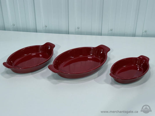 Set of 3 Red Costco Stoneware Oval Baking Dishes Casserole Serving Bowls