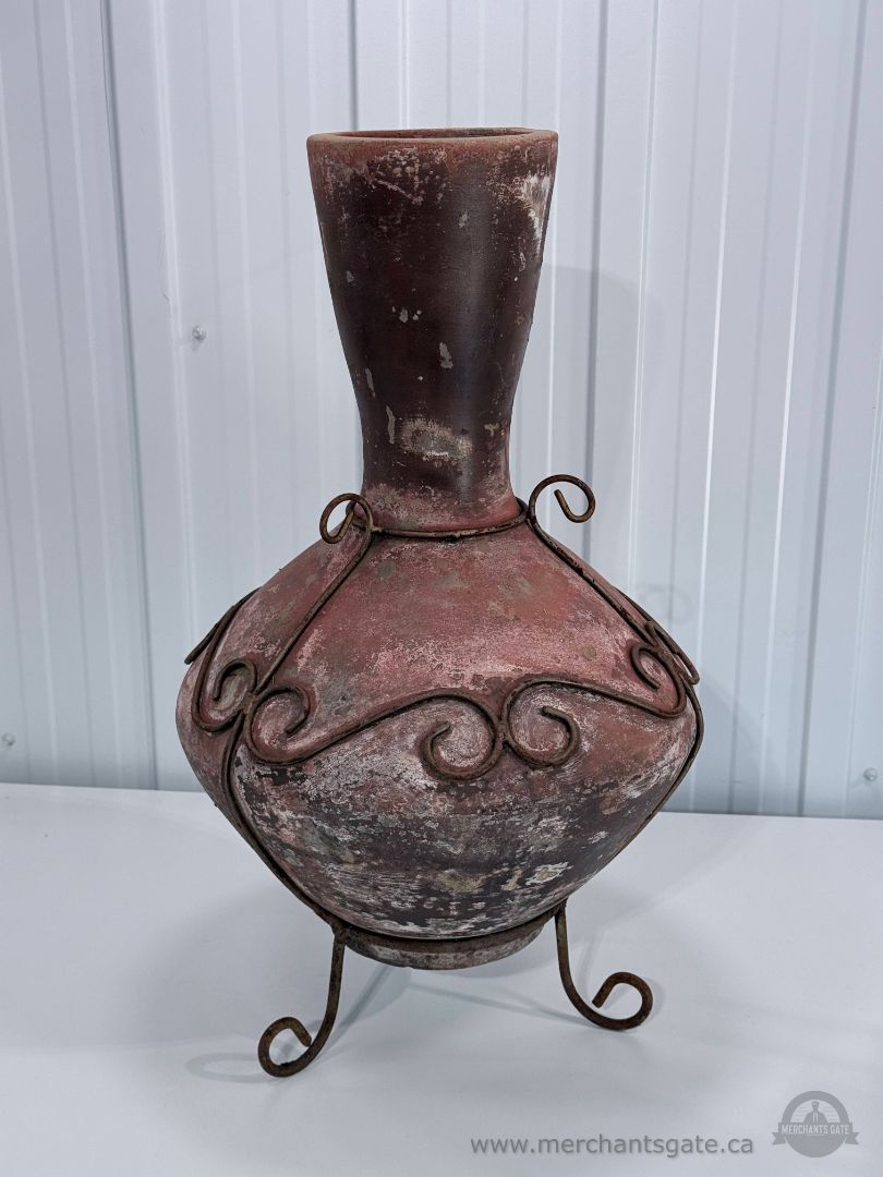 Large Rustic Pottery Floor Vase with Wrought Iron Scrollwork Stand 25"