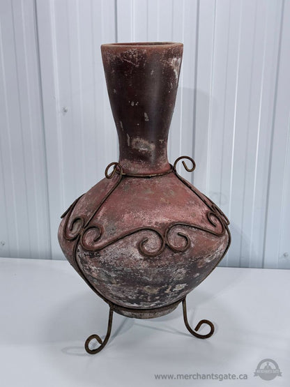 Large Rustic Pottery Floor Vase with Wrought Iron Scrollwork Stand 25"
