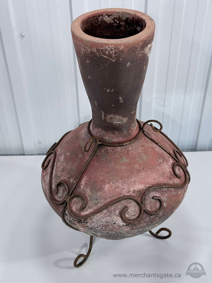 Large Rustic Pottery Floor Vase with Wrought Iron Scrollwork Stand 25"
