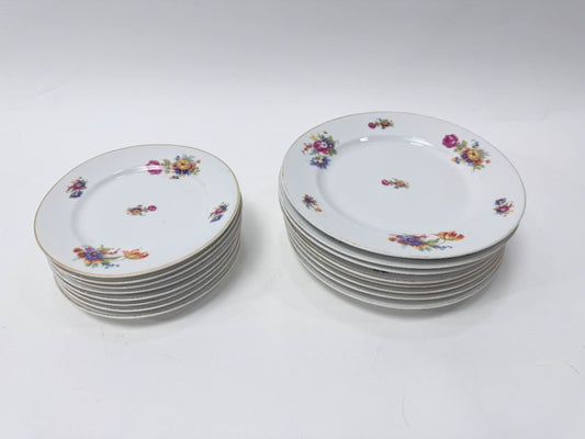 Vintage Czechoslovakia Floral China Plates Set of 16 Gold Trim 8 Inch And 10 Inch Dinnerware