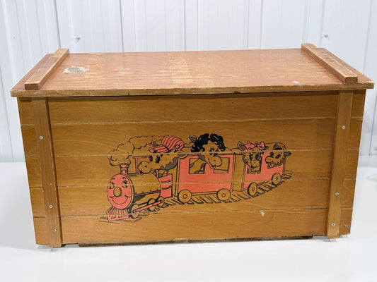 Vintage Solid Wood Toy Chest Blanket Box Storage Trunk Animal Train Design