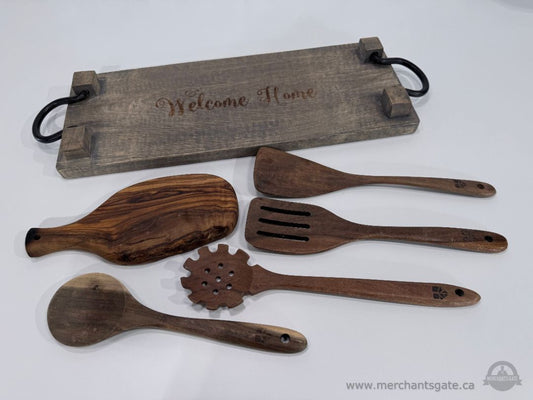 Rustic Wooden Serving Tray Kitchen Utensil Set Olive Wood Paddle Board Lot