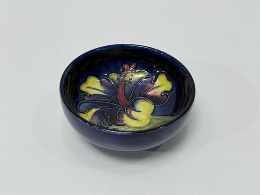 Moorcroft Pottery Orchid Flower Dish Deep Cobalt Glaze Signed Made in England 1980s