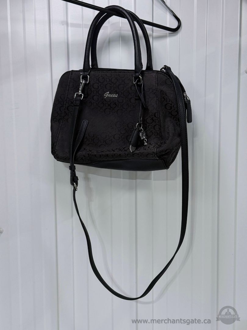 Guess Black Logo Satchel Crossbody Handbag Purse Silver Hardware
