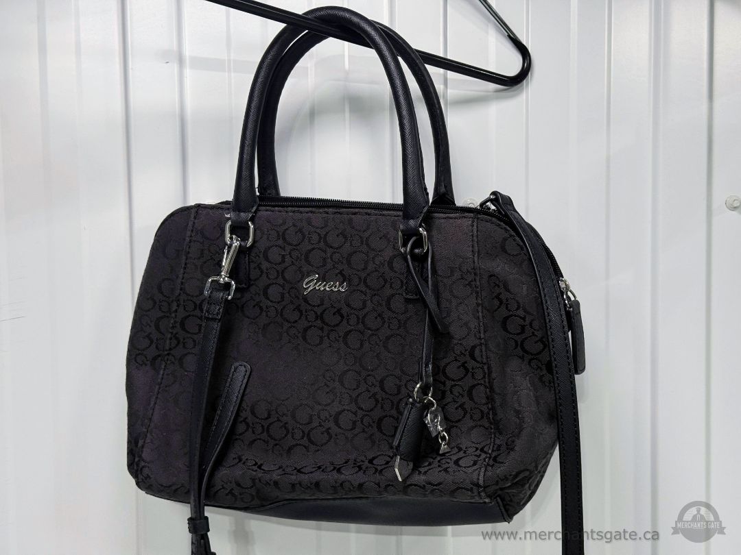 Guess Black Logo Satchel Crossbody Handbag Purse Silver Hardware