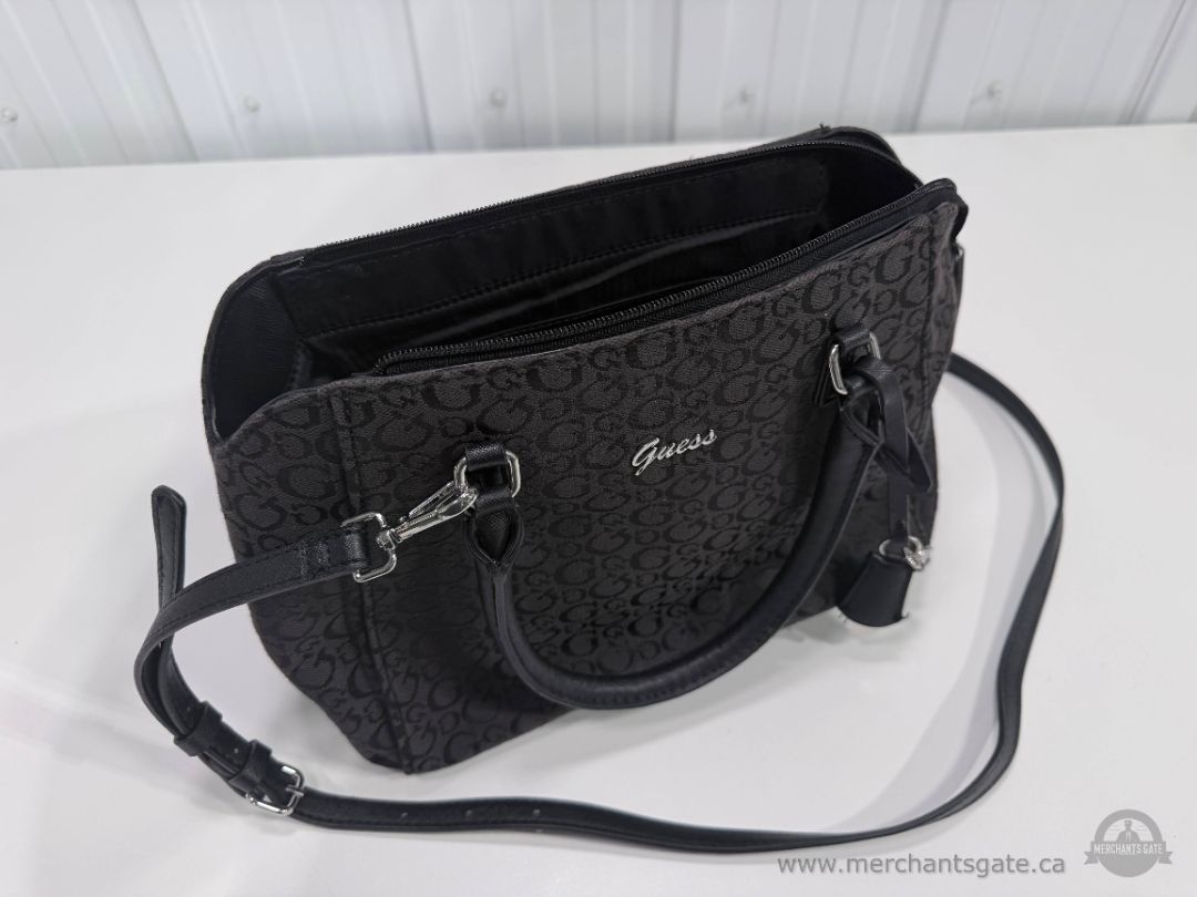Guess Black Logo Satchel Crossbody Handbag Purse Silver Hardware