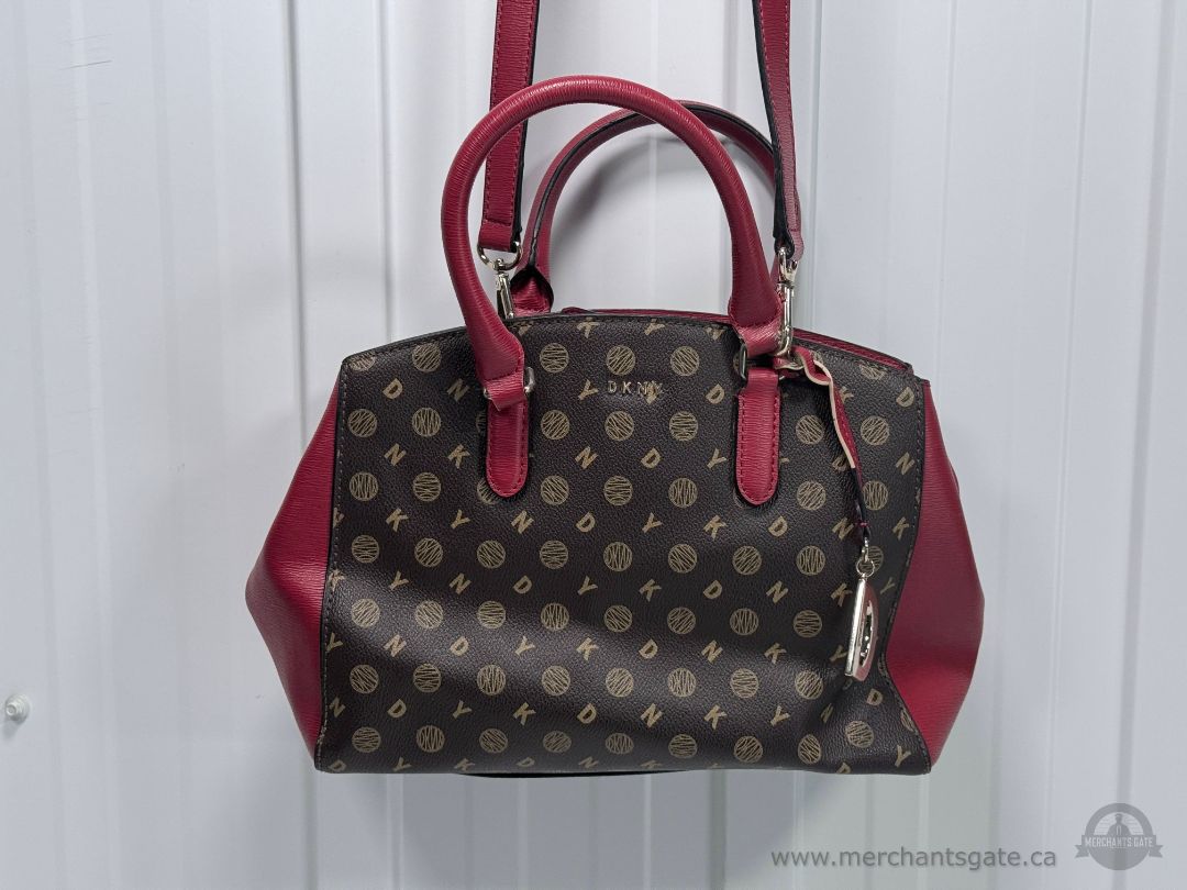DKNY Logo Print Satchel Crossbody Handbag Burgundy Brown Designer Purse Leather Trim
