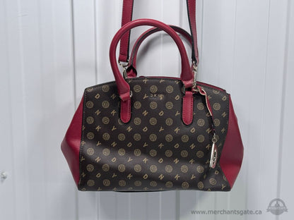 DKNY Logo Print Satchel Crossbody Handbag Burgundy Brown Designer Purse Leather Trim