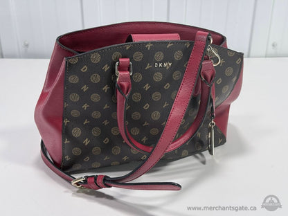 DKNY Logo Print Satchel Crossbody Handbag Burgundy Brown Designer Purse Leather Trim