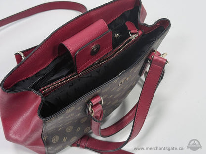 DKNY Logo Print Satchel Crossbody Handbag Burgundy Brown Designer Purse Leather Trim