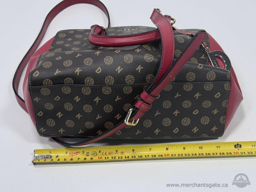 DKNY Logo Print Satchel Crossbody Handbag Burgundy Brown Designer Purse Leather Trim