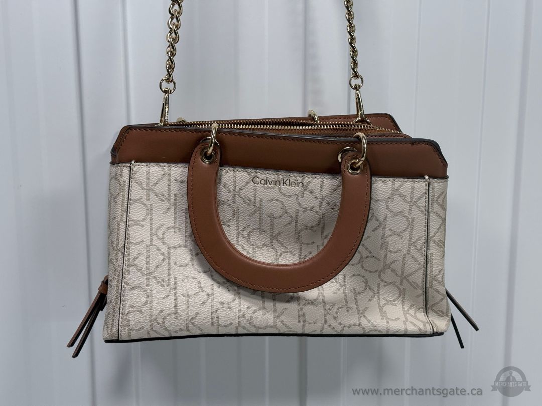 Calvin Klein CK Monogram Satchel Crossbody Handbag Cream Brown Chain Strap Purse