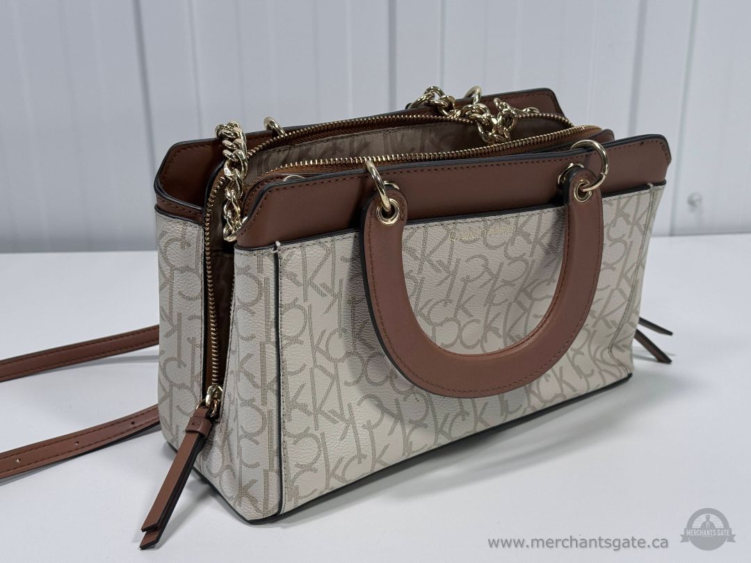 Calvin Klein CK Monogram Satchel Crossbody Handbag Cream Brown Chain Strap Purse