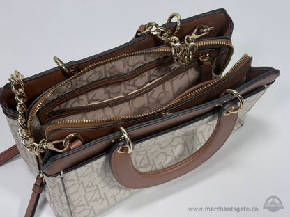 Calvin Klein CK Monogram Satchel Crossbody Handbag Cream Brown Chain Strap Purse