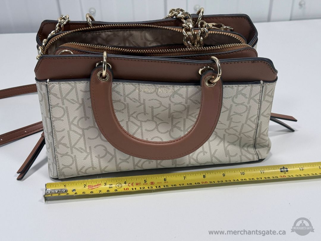 Calvin Klein CK Monogram Satchel Crossbody Handbag Cream Brown Chain Strap Purse