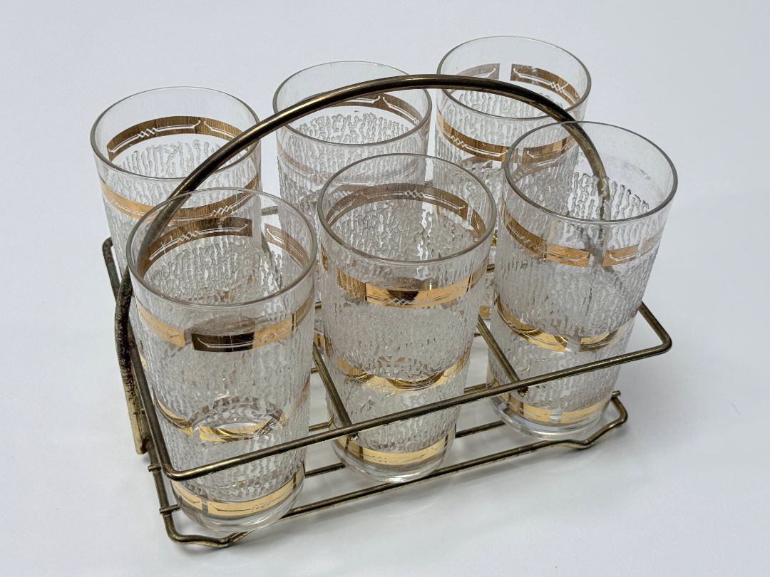 Century Gold Band Textured Glasses with Carrier Set of 6 1960s