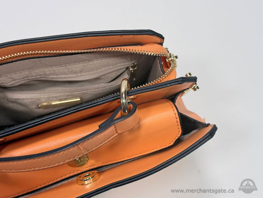 Steve Madden Structured Top Handle Satchel Orange Designer Handbag Purse Gold Hardware