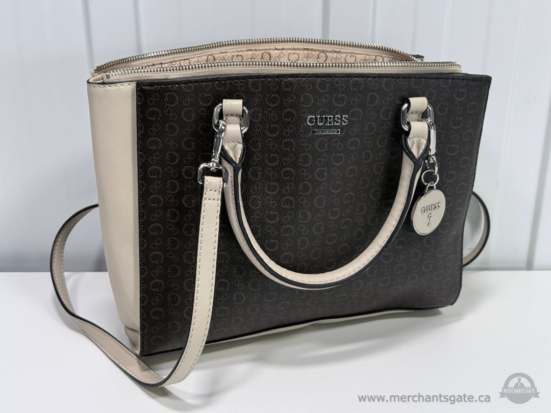 Guess Brown Cream Logo Satchel Crossbody Handbag Purse 12" Wide