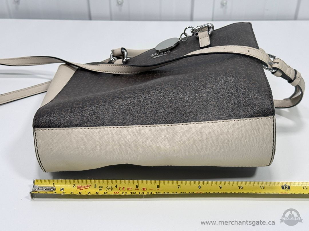Guess Brown Cream Logo Satchel Crossbody Handbag Purse 12" Wide