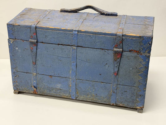 WW1 Era Painted Blue Wooden Trunk Patriotic Lining Vintage Chest 23 Inch Collectible Storage