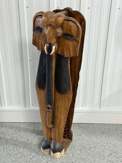 Solid Wood Elephant Carved CD Storage Tower Rack Tribal Decor Media Shelf 40 Inch