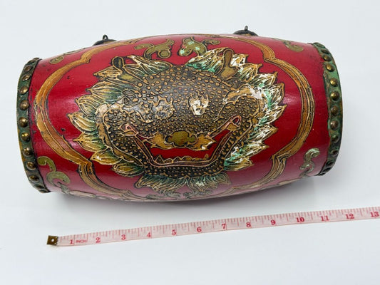 Hand Painted Red Dragon Barrel Drum Vintage Decorative Accent Piece
