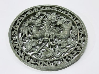 Chinese Dragon Medallion Wall Plaque Hand Carved Stone Look