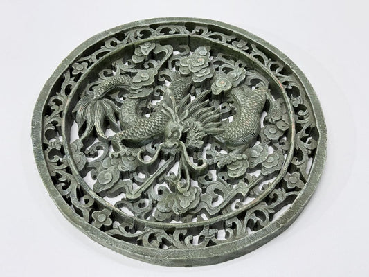 Chinese Dragon Medallion Wall Plaque Hand Carved Stone Look