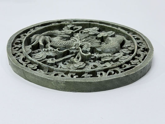 Chinese Dragon Medallion Wall Plaque Hand Carved Stone Look