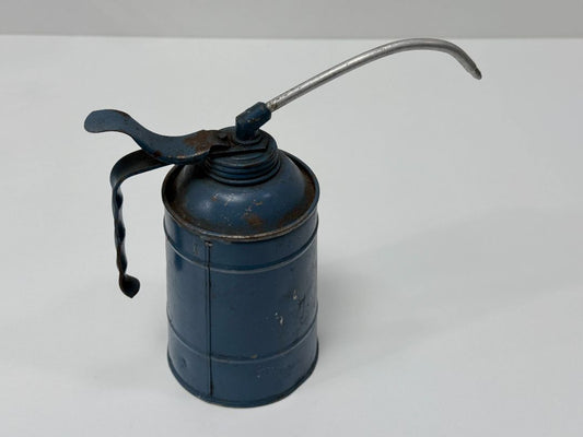 Vintage Blue Steel Oil Can With Curved Spout And Thumb Lever Pump