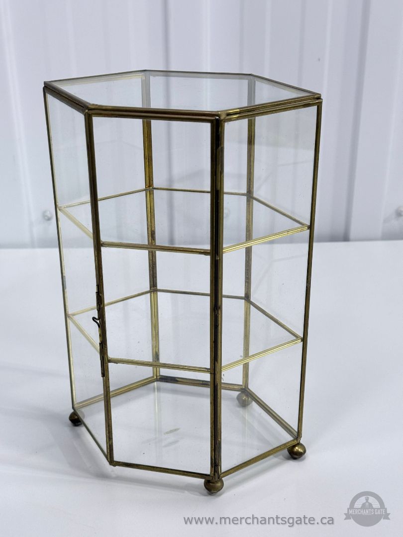 Vintage Brass Glass Curio Cabinet Miniature Display Case 2 Shelves Hexagon