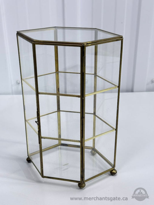 Vintage Brass Glass Curio Cabinet Miniature Display Case 2 Shelves Hexagon