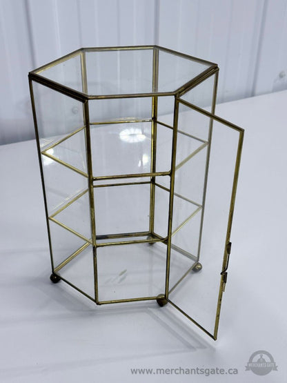 Vintage Brass Glass Curio Cabinet Miniature Display Case 2 Shelves Hexagon