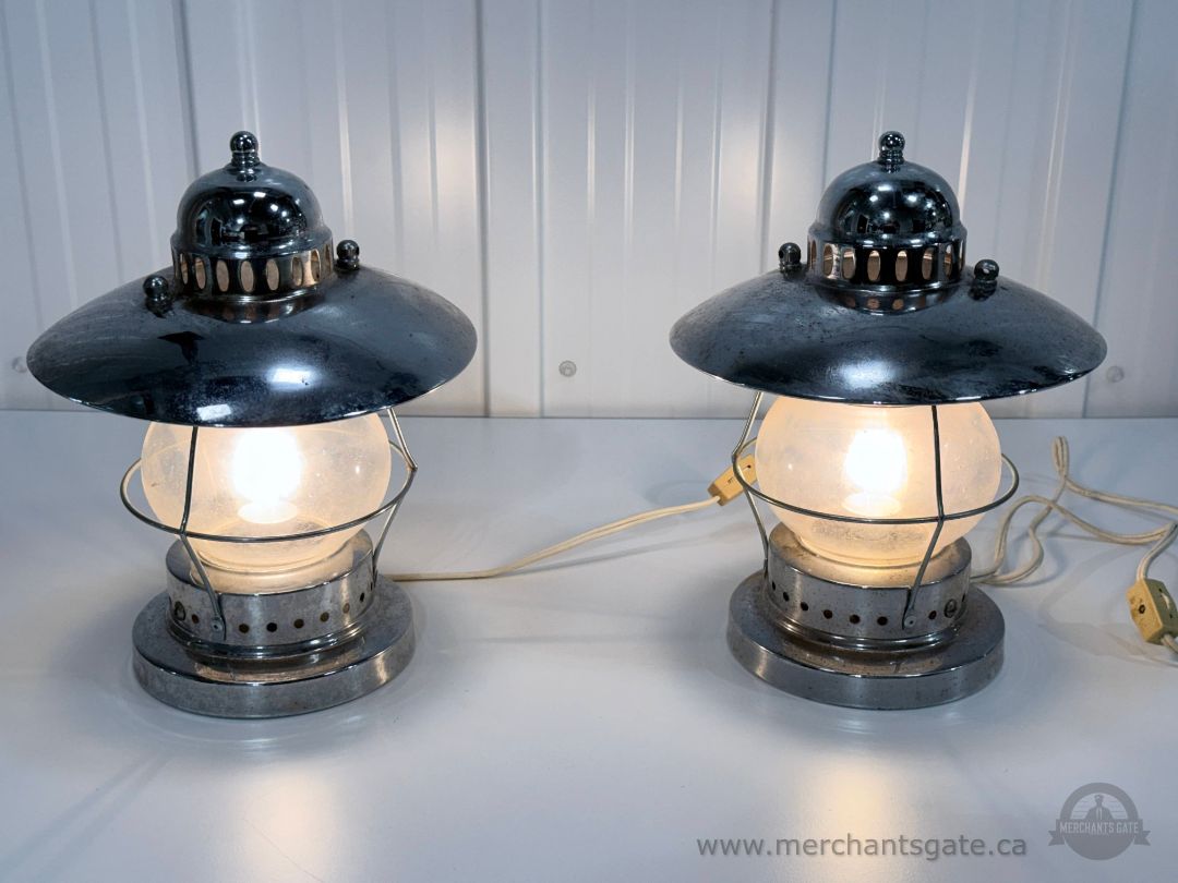 Pair of Vintage Nautical Table Lamps Metal & Glass Lantern Style Working