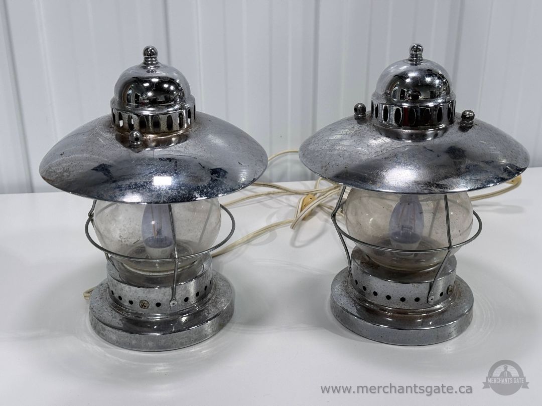 Pair of Vintage Nautical Table Lamps Metal & Glass Lantern Style Working