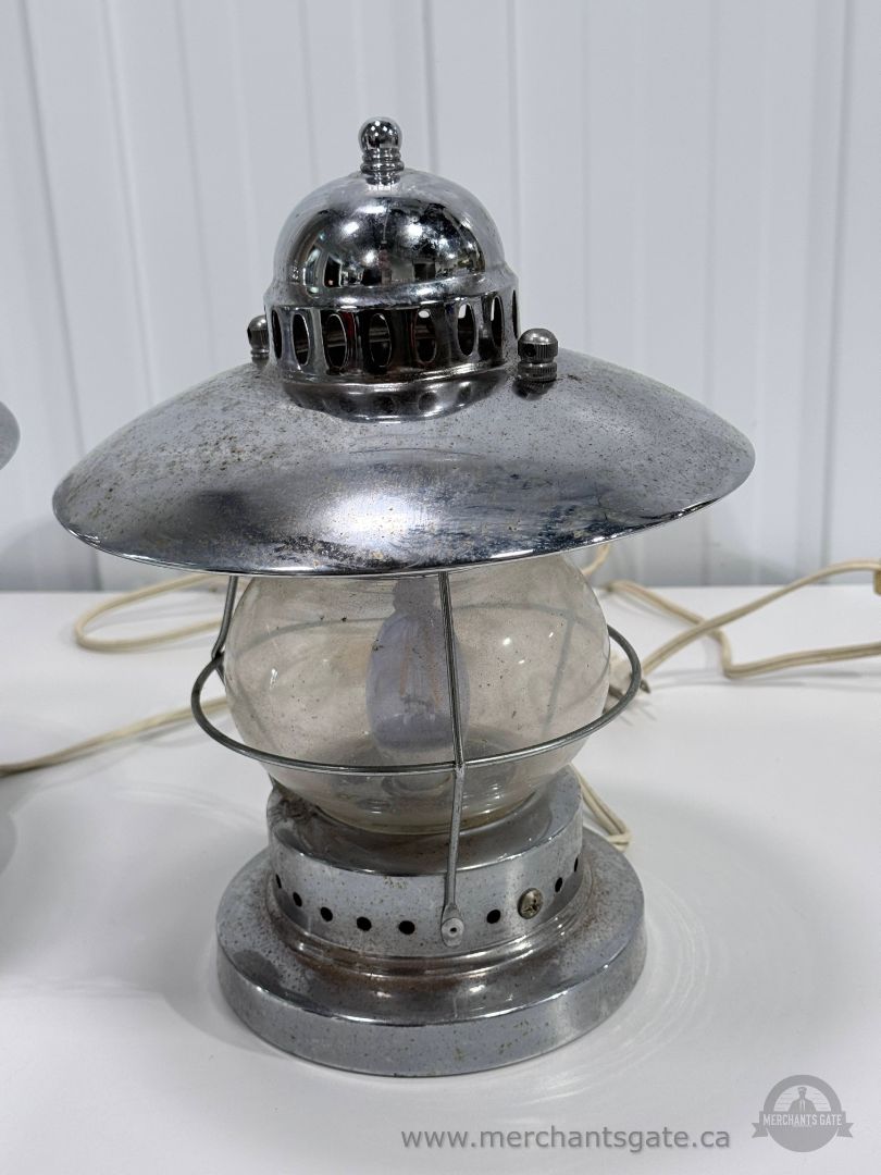 Pair of Vintage Nautical Table Lamps Metal & Glass Lantern Style Working