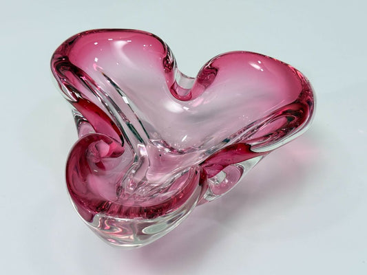 Vintage Chalet Art Glass Cranberry Pink Tri Corner Bowl Signed 1960s Canada