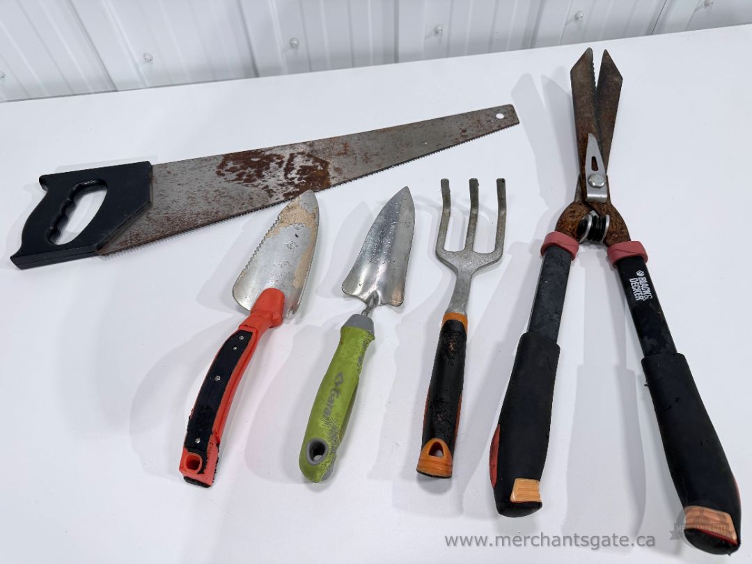 5-Piece Garden + Yard Tool Lot Hand Saw Trowels Cultivator Black & Decker Shears