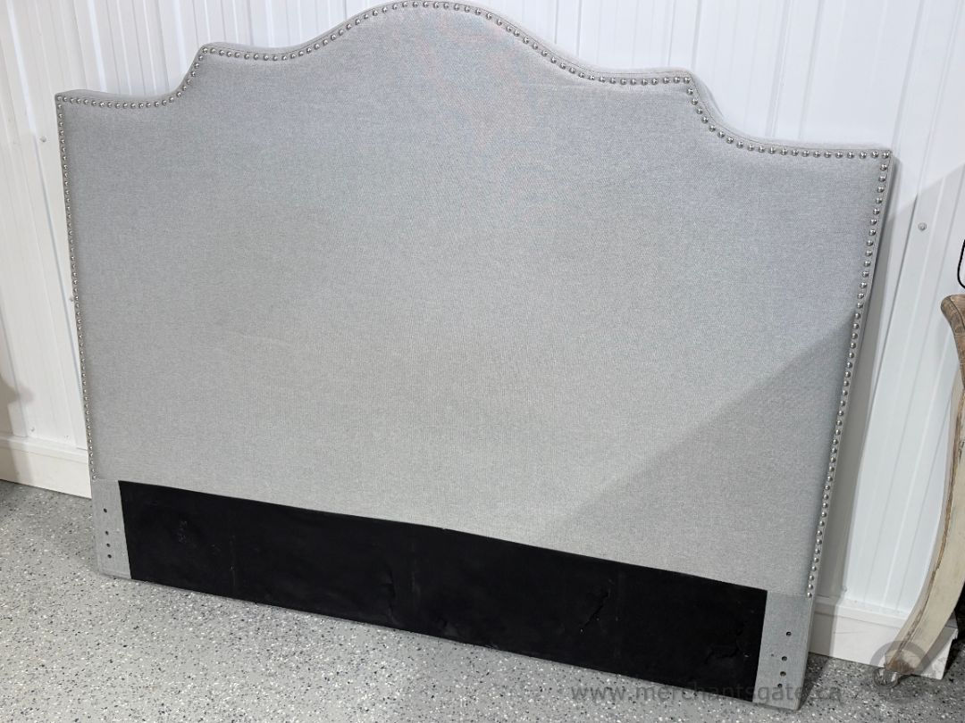 Queen Upholstered Grey Fabric Headboard Nailhead Trim 64" Wide